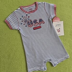 NWT 0-3M Baby Short ROMPER USA RED WHITE & BLUE Striped ALL AMERICAN BOY (Q14)